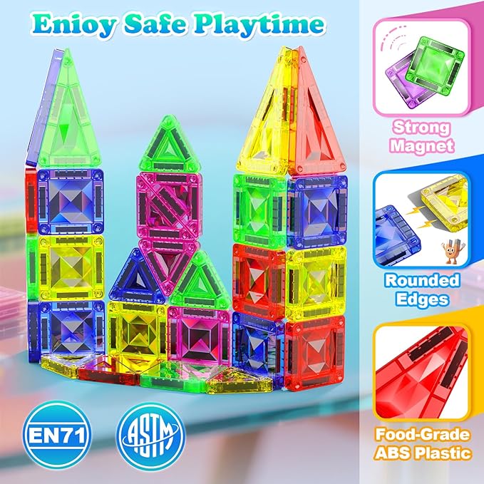 Mini Diamond Texture Magnetic Tiles with Iron Box, 40 PCS Travel Magnetic Tiles, STEM Educational Building Set Construction Toys for Kids Ages 3+, Portable Building Toys for Toddlers, Boys & Girls