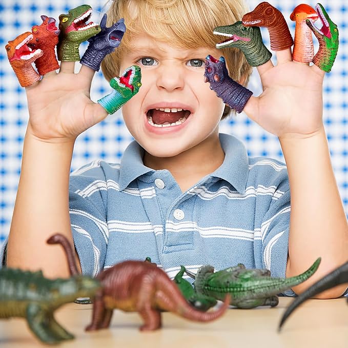 Fun Little Toys 10 Pcs Dinosaur Head Finger Puppets, Best Choice for Party Favors, Stocking Stuffers, Pinata Fillers and Goodie Bag Fillers
