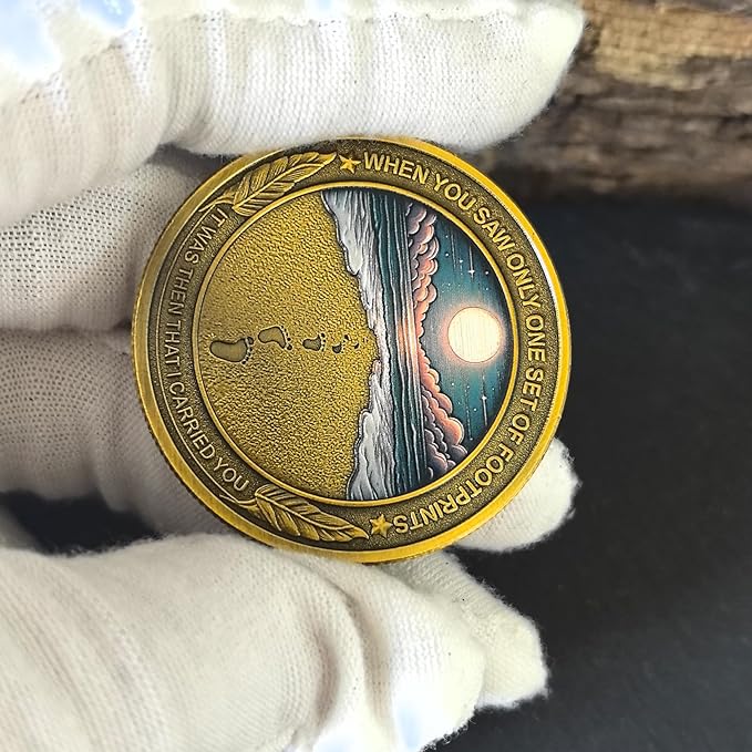 CYOUNG Footprints in The Sand Christian Challenge Coin - Inspirational Scripture Medallion with Dual-Sided Design
