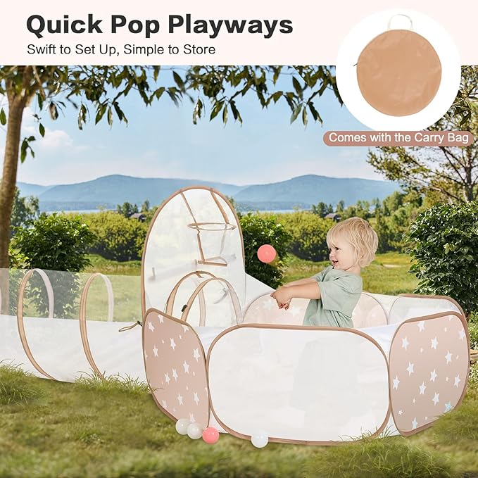 PigPigPen 3 in 1 Kids Play Tent with Play Tunnel and Ball Pit, Toddler Clibing Toys for Boys & Girls, Pop Up Playhouse Toys for Baby Indoor Outdoor, Gift for 3+ Year Old Child