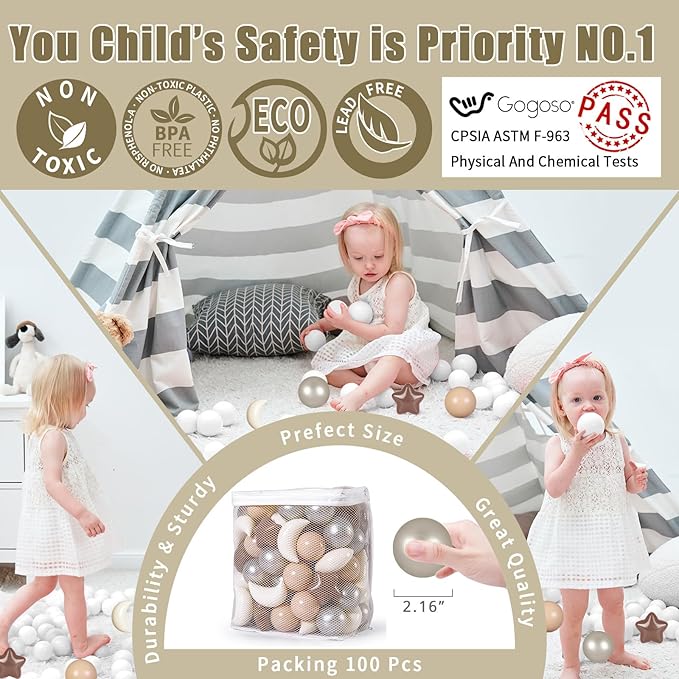 GOGOSO Ball Pit Balls Stars Moon Shapes Plastic Pitballs for Toddler Play Tent Baby Photo Props Kids Pool Water Toys Kiddie Pool Party Decor, Coffee+Beige Mix Cream Colors +Pearl Colors,100PCS