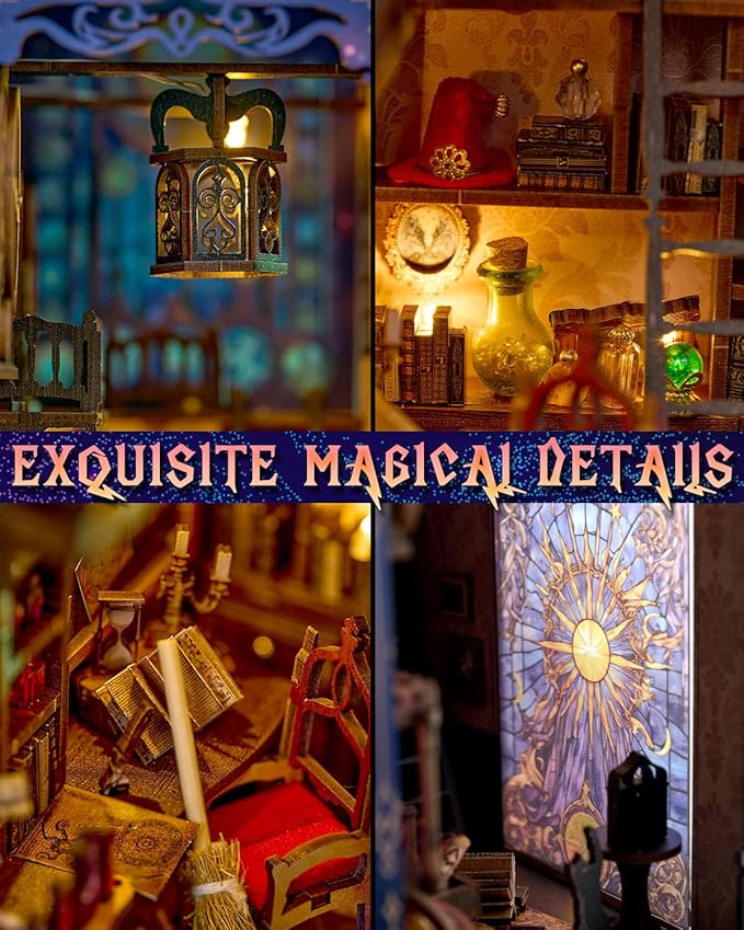 Book Nook Kit Magic Research Institute, DIY Miniature Booknook House Kit for Adults with LED Lights, 3D Wooden Puzzle Bookshelf Insert Decor, Magical Gift for Women Men Teens and Family