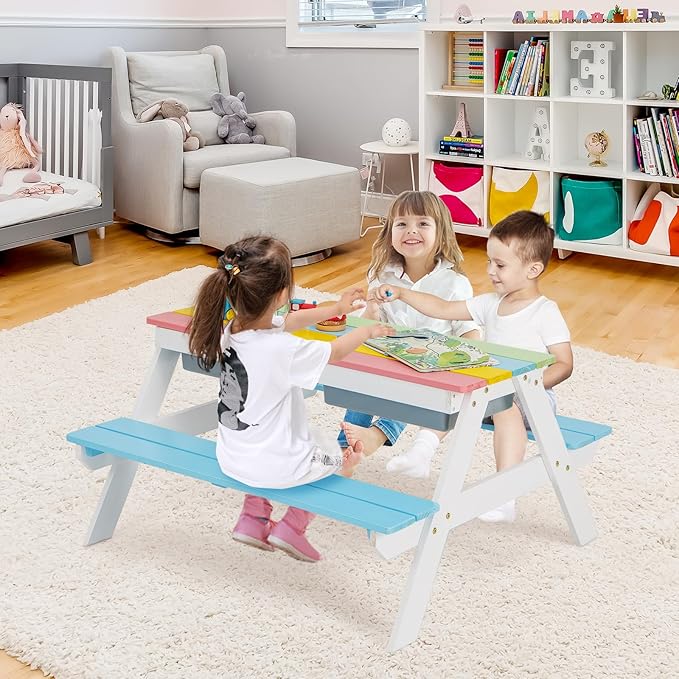 HONEY JOY Kids Picnic Table, 4 in 1 Cedar Wooden Sand & Water Table w/ 2 Removable Box & Umbrella, Kids Picnic Tables for Outdoors Backyard Garden, Toddler Patio Furniture Set for Boys Girls(Blue)