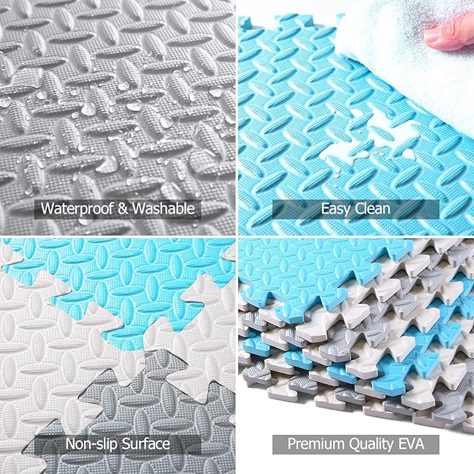 Foam Floor Mats for Kids, 12 x 12 Inch 16 Tiles 0.4" thickness Foam Play Mat, Non-Toxic Square Interlocking Floor Mats Rubber Baby Play Mat for Toddlers(White/Gray/Light Blue)