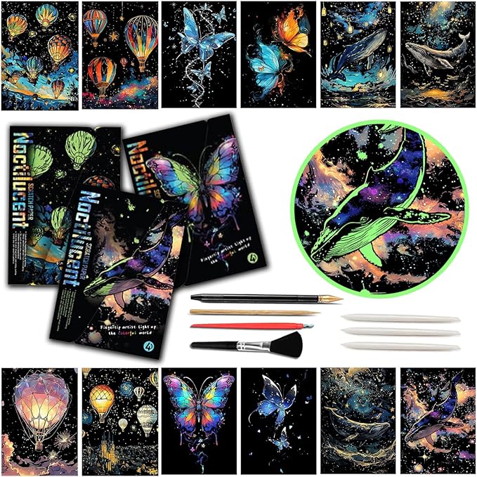 Glow in The Dark Scratch Art Paper，Engraved Landscape Scratch Painting Rainbow Board (12 Sheets A4) Adults, Fun Sketch Card Creative Craft Toy (Animals/Landscapes) by Iskueal.