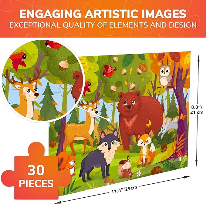 QUOKKA Puzzles for Kids Ages 3-5 - 30 Pieces Puzzles for Toddlers 2-4 - Forest Animals Learning Jigsaw Puzzles for Kids 4-6 Years Old - Educational Toys for Boy and Girl