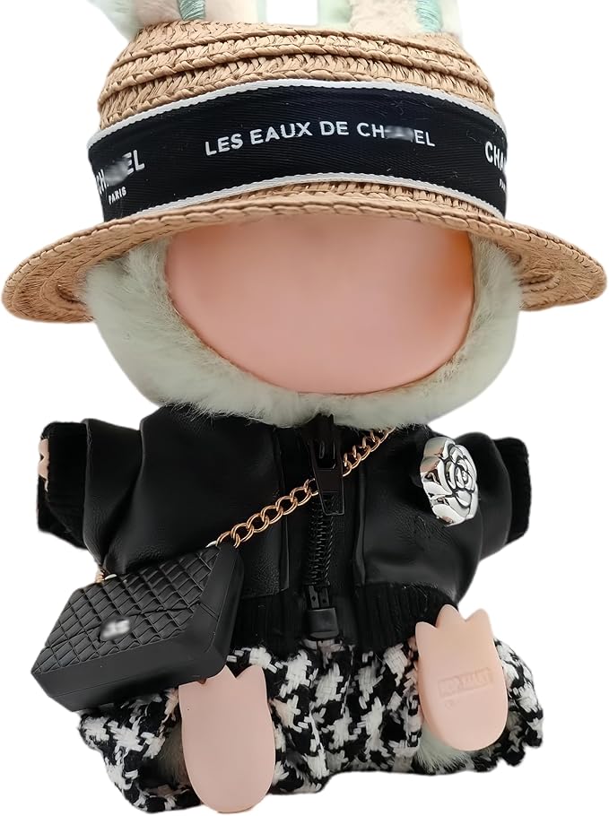 Clothes for Labubu(No Doll) – Cute 4-Piece Straw Hat,Premium Jacket with Chain Bag,Chic Fashion Accessories Set Compatible with 17cm Collectible Figures Stylish Clothes for Boys Girls Birthday