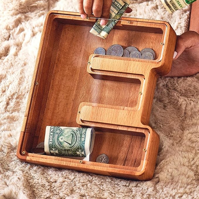 Personalized Wooden Piggy Bank – Custom Letter E Coin Bank in Beech Wood with Clear Acrylic Front, Engraved Name Option, Money Saving Box for Kids and Adults
