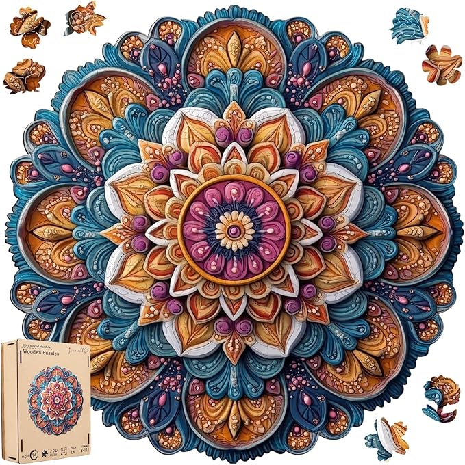 Jiroinlly Wooden Jigsaw Puzzles, Mandela Wooden Puzzles for Adults 200 Pcs, 11.4'' x 11.4'' Luxurious Shaped Wood Puzzle, Beautiful Package, Best Gift for Adults and Kids, Family Game