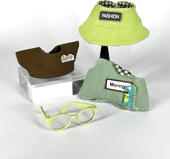 17cm Clothes Set (NO Doll) 4PC Set Hat Glasses Overalls for 17cm Accessories Suit, Doll Clothing for Trendy Blind Box，Cute Clothes for LBB Doll Dress up Unique Style,Free Combination (Green)