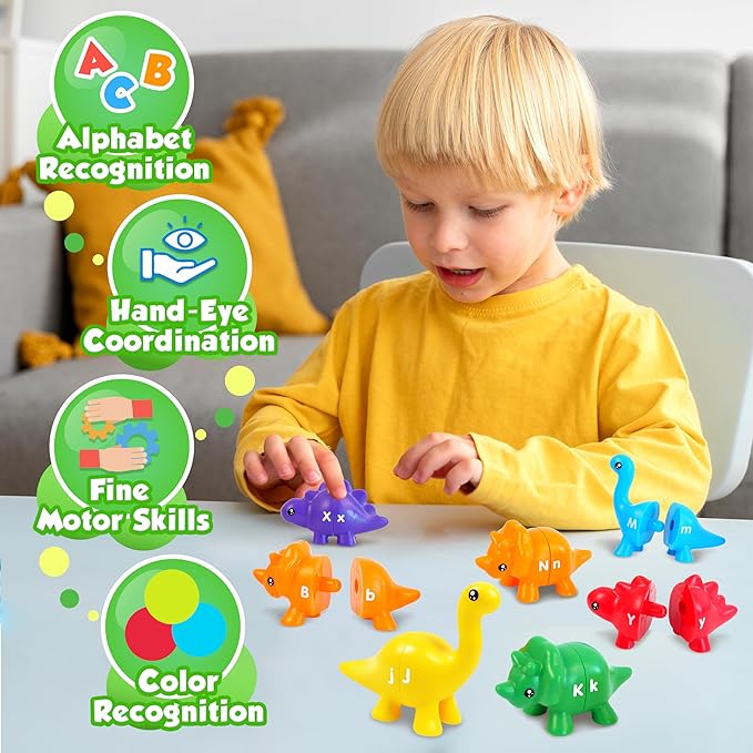 Bambibo Dinosaur Alphabet Learning Toys - 52pc in Storage Box | 26 Double Sided Dino Matching Toys | Preschool Dinosaur Letter Matching Toy for Toddlers 3-5
