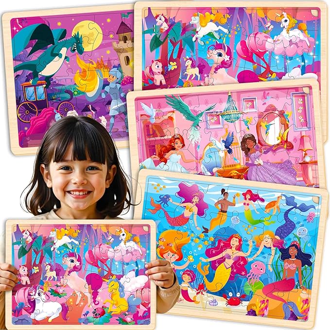 QUOKKA 4SET Puzzles for Kids Ages 4-6 - 24 Pcs Wooden Toddler Puzzles Ages 3-5 - Mermaids, Princesses, Unicorns Learning Games for Boys and Girls 4-8 Year Olds