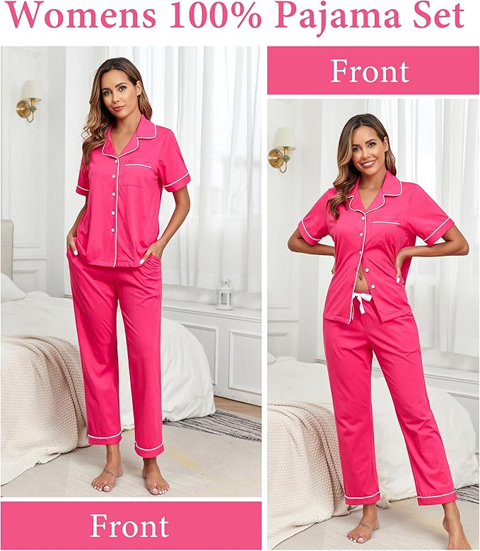 CF Womens 100% Cotton Pajamas Set Button Down Pjs Sets Short Sleeve Top & Long Pants Sleepwear Comfy Loungewear with Pockets
