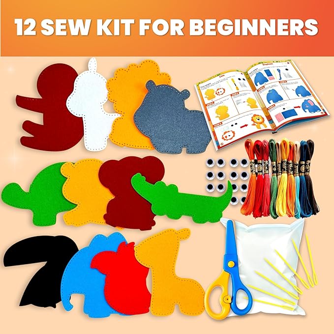 QUOKKA Kids Crafts Ages 4-8, DIY Beginner Needle and Thread Kit - 12 Wild Animals Sewing Kit Basic - Fun Arts Crafts for Kids Ages 6-8 Girls Boys - Plastic Needles, Scissors - 6+ Year Old Girl Gifts