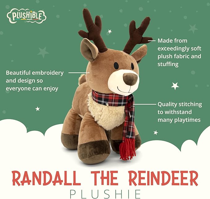 Plush Reindeer Stuffed Animal - Holiday Deer Characters with Antlers Toy for Girl, Boy, Baby, Toddler - Christmas Decor - Little Plushie Toys - Randall, 8"