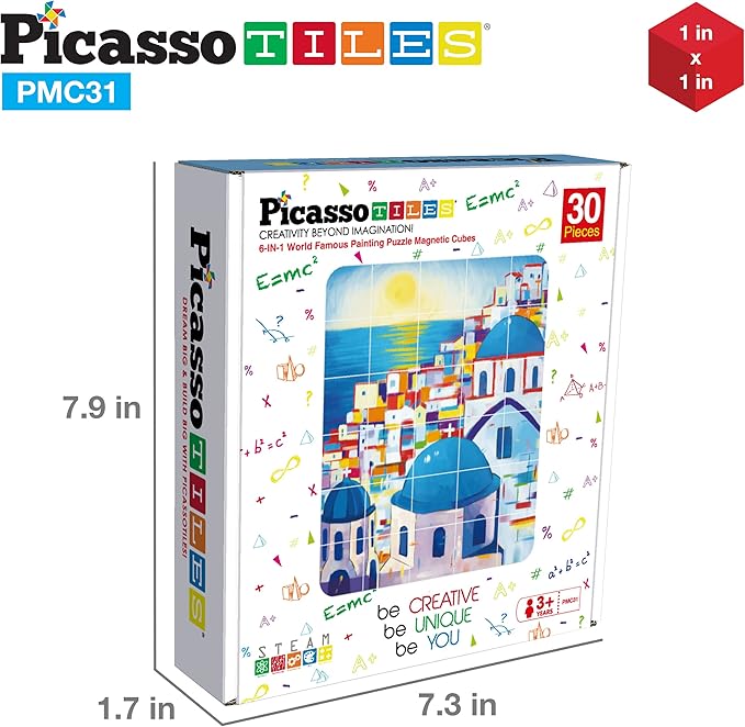 PicassoTiles 6-in-1 World Famous Painting Puzzles Magnetic Cubes Toy_Building_Block, Spain Park Guell, Paris Eiffel Tower, Greece Santorini & More for Kid, Educational Art for Boys and Girls