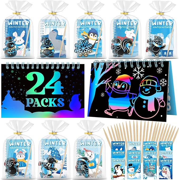 24 Pack Winter Scratch Art Party Favors for Kids - Rainbow Scratch Paper Snowflake Penguin Scratch Off Cards Frozen Birthday Goodie Bags Stuffers - Return Christmas Gifts DIY Classroom Prizes