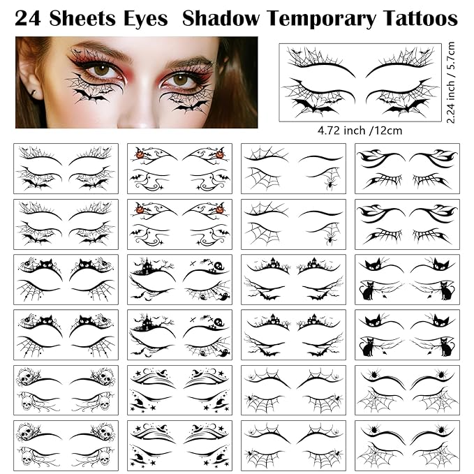 24 PCS Halloween Makeup Eye Temporary Tattoos Waterproof, Upper & Lower Lash Design Spider Web Bat Eyeliner Eye Shadow Tattoos Makeup Kit for Adult Women Men Girls Cosplay Halloween Party Decals