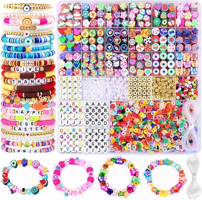 2880pcs Polymer Clay Beads Bracelet Making kit,Cute Fun Beads Sport Ball Fruit Flower Animal Cake Butterfly Heart Beads Charms for Jewelry Necklace Earring Making DIY Accessories for Children Girls
