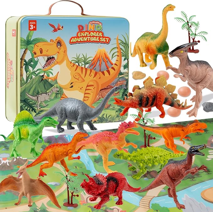 OuMuaMua Dinosaur Toys for Kids 3-5, Plastic Dinosaur Figures Set with Activity Play Mat Dinosaurs Eggs Storage Box for Boys Girls Party Favors Supplies, 5-7 Inch