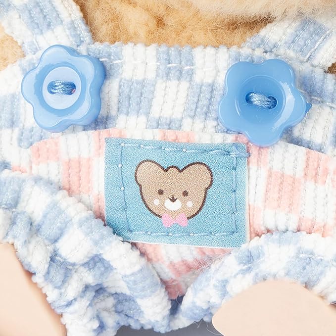 17cm Doll Clothing for Labubu - Kawaii Chic Style Set for 17cm Dolls, Cute Doll Outfit with Accessories - Blue and White Check Romper + Heart Shaped Blue Hat (Clothes Only)