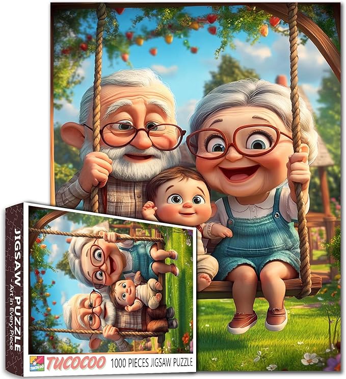 Happy Grandparents with Baby On Swing 1000 Piece Jigsaw Puzzle for Adults Students Garden with Wooden House Bright Colorful Art 20×27 Inches Relaxing Fun Puzzles for Brain Exercise and Home Decor