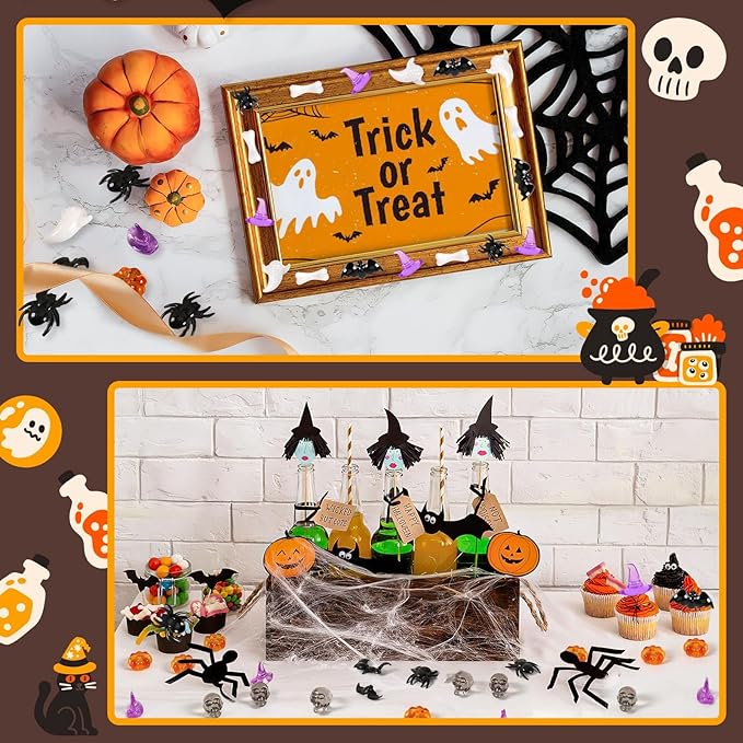 Halloween Acrylic Vase Filler, 240pcs Acrylic Pumpkin Ghost Bat Skull Head Witch Hats Gems Sensory Bin Table Scatter Vase Filler for Autumn DIY Crafts Home Centerpieces Table Decorations