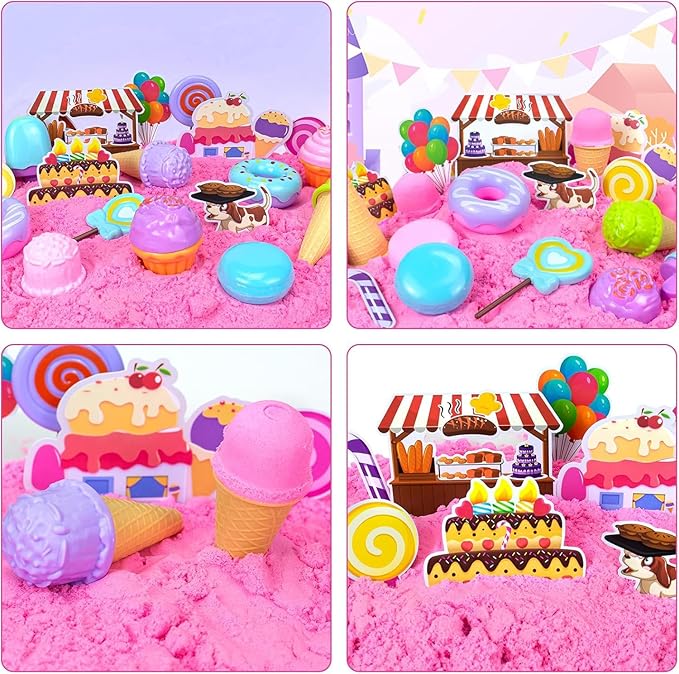 Sensory Bin Toys, Ice Cream Play Sand Set with Sensory Sand, Ice Cream Toy Molds and Cleaning Tools Sandbox with Lid Kids Play Sand Art Kits for Boys Girls 3-8 Years Old Birthday Christmas Gift