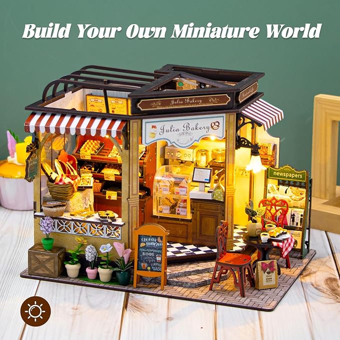 Fsolis DIY Miniature House Kit - 3D Wood Puzzles Craft Kit for Adults Tiny House Building Kit Mini Home Diorama Kit with Furniture Gifts for Women Teenagers (Julia Bakery)