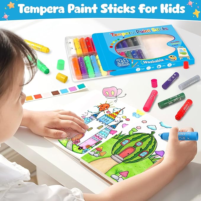 Tempera Paint Sticks For Kids, 24 Assorted Colors Washable Paint Set, Quick Drying Art Supplies for Toddlers and Kids, Ideal Easter Basket Stuffers for Kid Toddler 1-3 2-4