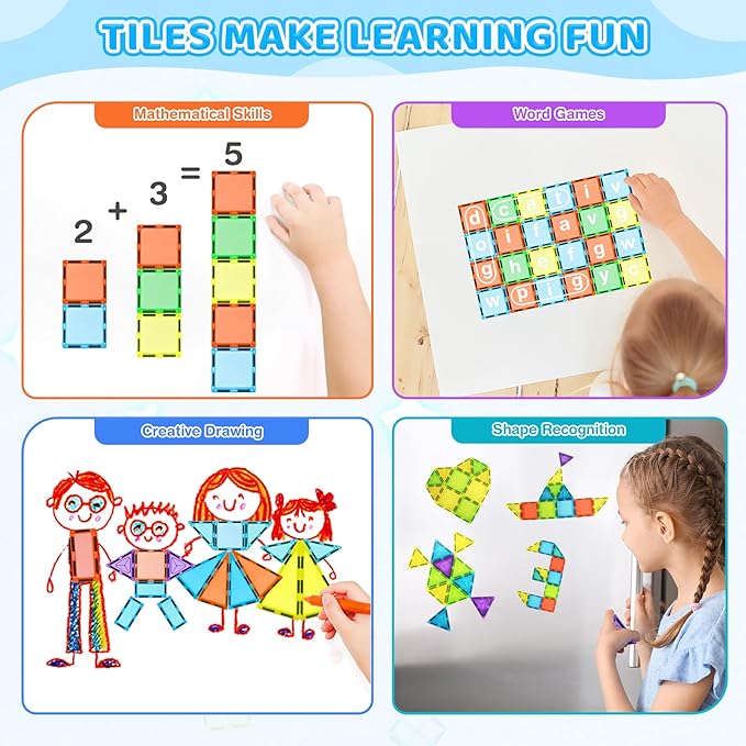 Magnetic Tiles 125PCS Magnetic Building Blocks Set 3D Magnet Tiles with 2 Cars STEM Educational Learning Construction Toys Kids Birthday Gifts for Preschool Toddler Boys Girls 3 4 5 6 7 8 9 + Year Old