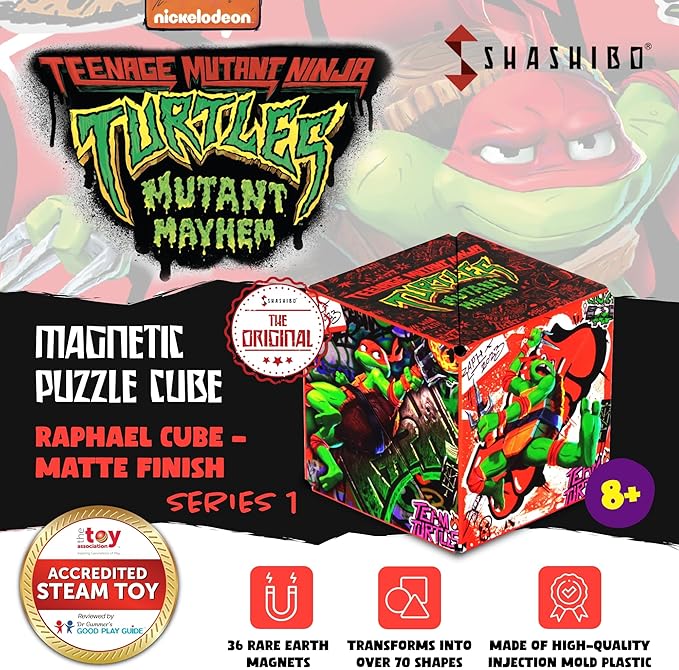 SHASHIBO Teenage Mutant Ninja Turtles Shape Shifting Box - STEM Magnetic Fidget Cube That Transforms Into Over 70 Shapes, Download Fun in Motion Toys Mobile App (Raphael)