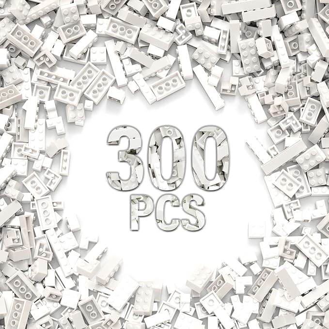 300Pcs Building Brick Bulk, White Bulk Bricks with 5 Sizes, Compatible with Lego and Parts and Pieces, Creative Halloween Christmas Building Block Toys for Boys Girls Ages 6 7 8 9 10 Years Old