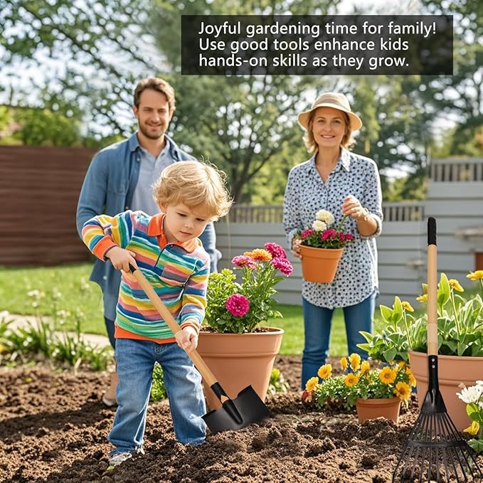 Kids Rake and Shovel Set, 2Pcs Garden Tools Metal Head with Wooden Handle, Great Gardening Gifts for Boys Girls Age 3 and Up