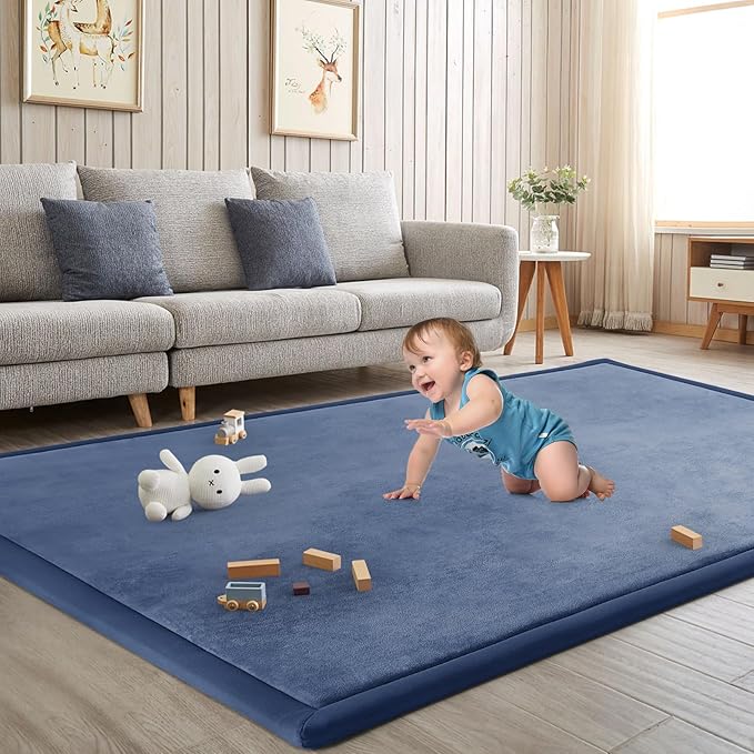 Baby Play Mat for Floor Tummy Time Mat Nursery Muscle Area Rug Playroom Rug Tatami 47"*47" Memory Foam 1.3" Thick Crawling For Babies,Toddlers, Infants, Kids,Floor(Blue)