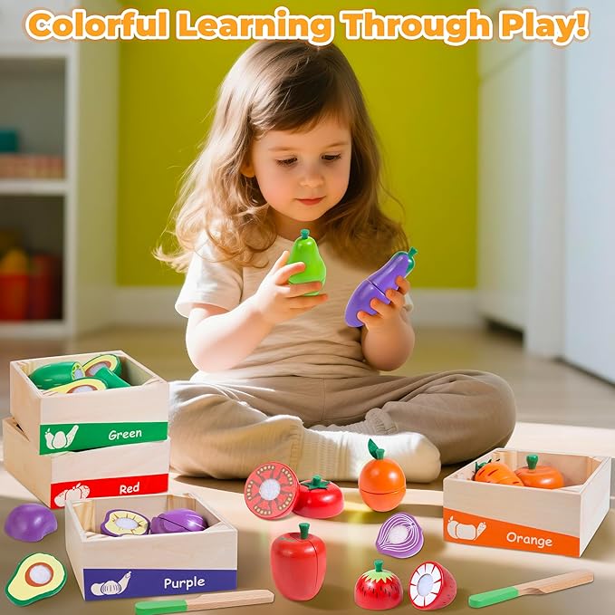 Wooden Play Food for Toddlers, Color Food Groups, Fruit & Veggies Cutting Set, Pretend Play Food Kitchen Accessories for 3 4 5 6 7 Years Old Boys & Girls