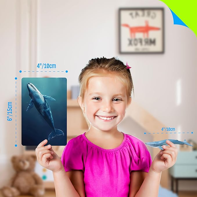 12 PCS Plastic Marine Animal Figurines with 12 Introduction Flashcards, Ocean Animals Learning Recognition Cards Realistic Undersea Animal Figures Educational Learning Toy Set for Kids, Classroom