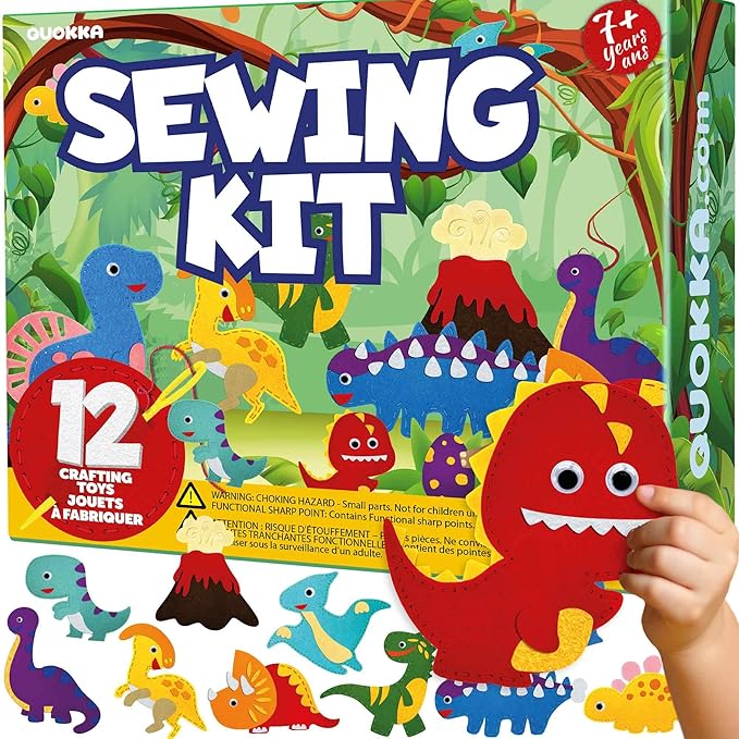 QUOKKA Kids Crafts Ages 7-9, DIY Beginner Needle and Thread Kit - 12 Wild Dino Sewing Kit Basic - Fun Arts Crafts for Kids Ages 7-9 Girls Boys - Plastic Needles, Scissors - 7+ Year Old Girl Gifts