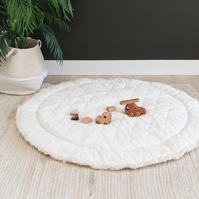 MakeMake Organics Organic Play Mat GOTS Certified Organic Cotton Nursery Floor Rug Washable Reversible Non Toxic Activity Mat Tummy Time Crawling Pad Thick Quilted (Round 48",Blue Stripes,Solid Ivory)