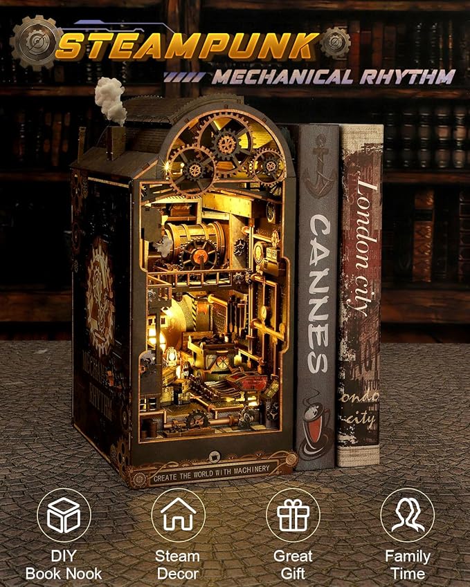 Book Nook Kit Mechanical Rhythm, DIY Booknooks Kit for Adults with Sensor Lights, Bookshelf Diorama Miniature Scenes Insert Decor, 3D Puzzle Miniature House Kit Gift for Men Teens Family
