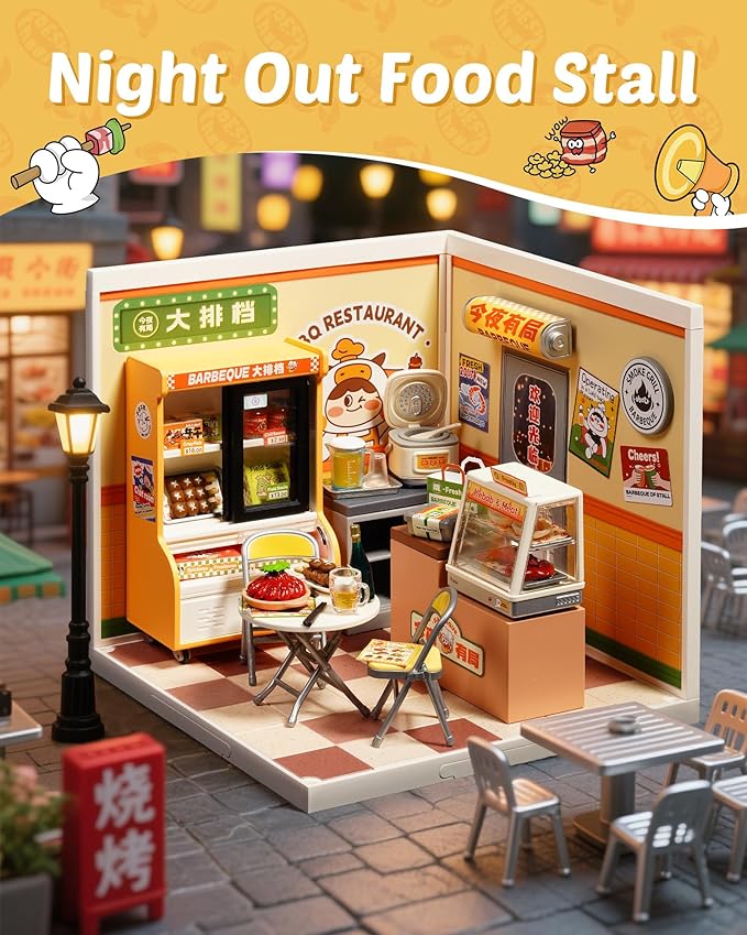 Rolife Super Creator Series, DIY Mini Night Out Food Stall Dollhouse House Kit, Bulid Scenary for Action Collectible Figures, Creative Gifts for Women Adults
