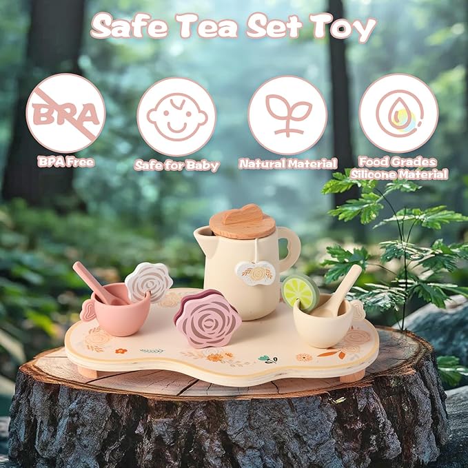 Wooden Tea Party Set for Little Girls Toddler, Princess Tea Cupcake Stand Food Dessert, Play Kitchen Accessories for Toddlers 3 4 5 6 Years Old, Wooden Toys Birthday Kids Girls Gifts 3-6