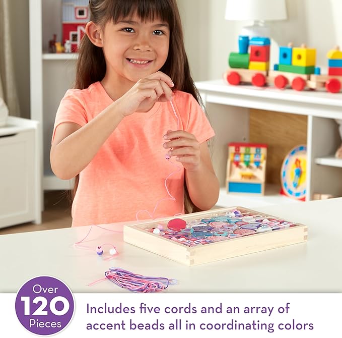 Melissa & Doug Created by Me! Heart Beads Wooden Bead Kit, 120+ Beads and 5 Cords for Jewelry-Making