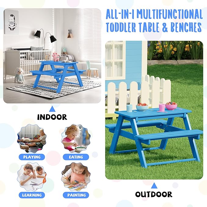 Costaelm Kids Picnic Table, HDPE All Weather Outdoor Toddler Picnic Table and Chair Set Kids Bench for Patio, Backyard, Garden, Lawn, Pacific Blue