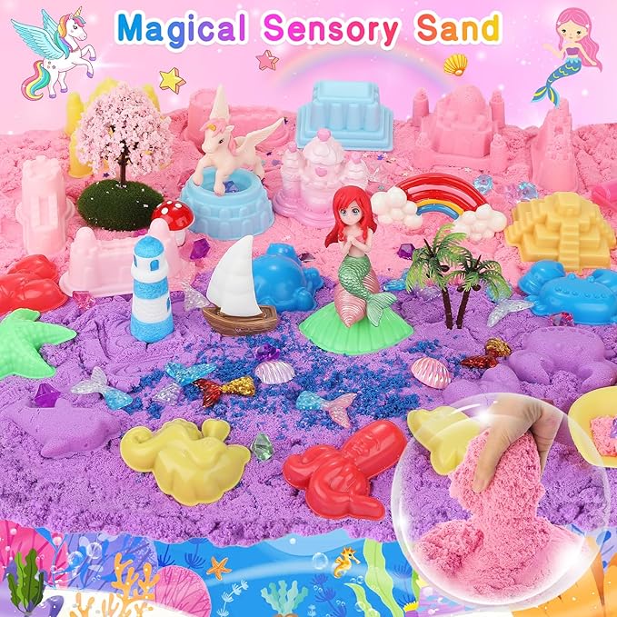 Lokuc Unicorn Sensory Bin for Girl, Unicorn and Mermaid Sensory Sand Kit Toy, 60Pcs Sandbox with 2.2 lbs Magic Sand Sensory Bins, Christmas Birthday Gift for Toddler Kid Age 3 4 5 6 7 8