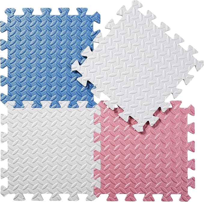 Foam Floor Mats for Kids, 12 x 12 Inch 16 Tiles 0.4" Thickness Foam Play Mat, Non-Toxic Square Interlocking Floor Mats Rubber Baby Play Mat for Toddlers(White/Gray Blue/Lori Pink)