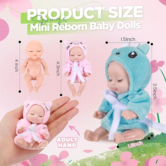 Hanaive 4 Pcs 4 Inch Mini Baby Dolls Lifelike Realistic Baby Dolls Animal Clothes Cute Tiny Gifts for Kids Birthday Party(Robe Style)