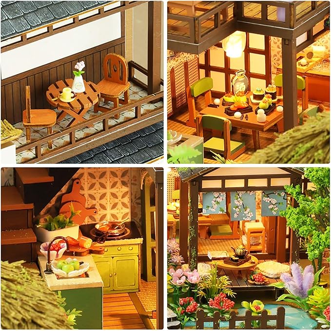 Miniature House Kit, Tiny House Kit with Light, DIY Mini House Building Kits for Adults to Building, Unique Gift for Birthday Christmas, Bamboo Spring Courtyard