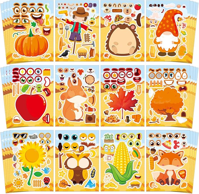 Aowplc 48 Sheets Fall Make a Face Stickers, 12 Designs Fun Fall Crafts for Kids, Autumn Festival Party Favors, Classroom Activities & Games