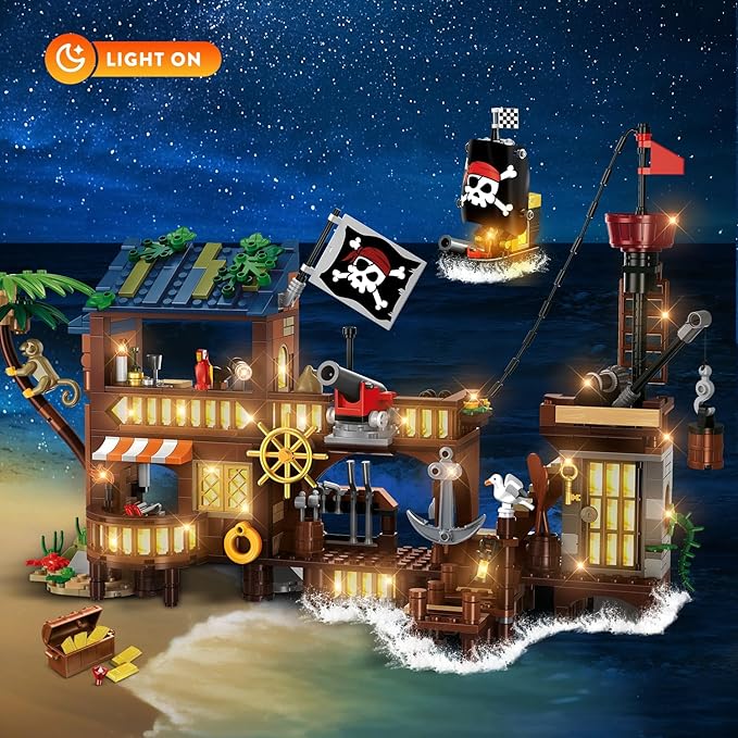 3 Style Pirate Ship Wharf Building Set with LED Light - 781PCS Medieval Pirate's House Building Block Toy, Architecture Bricks Kit for Kids Girls Boys Ages 6-12+ Birthday Gifts